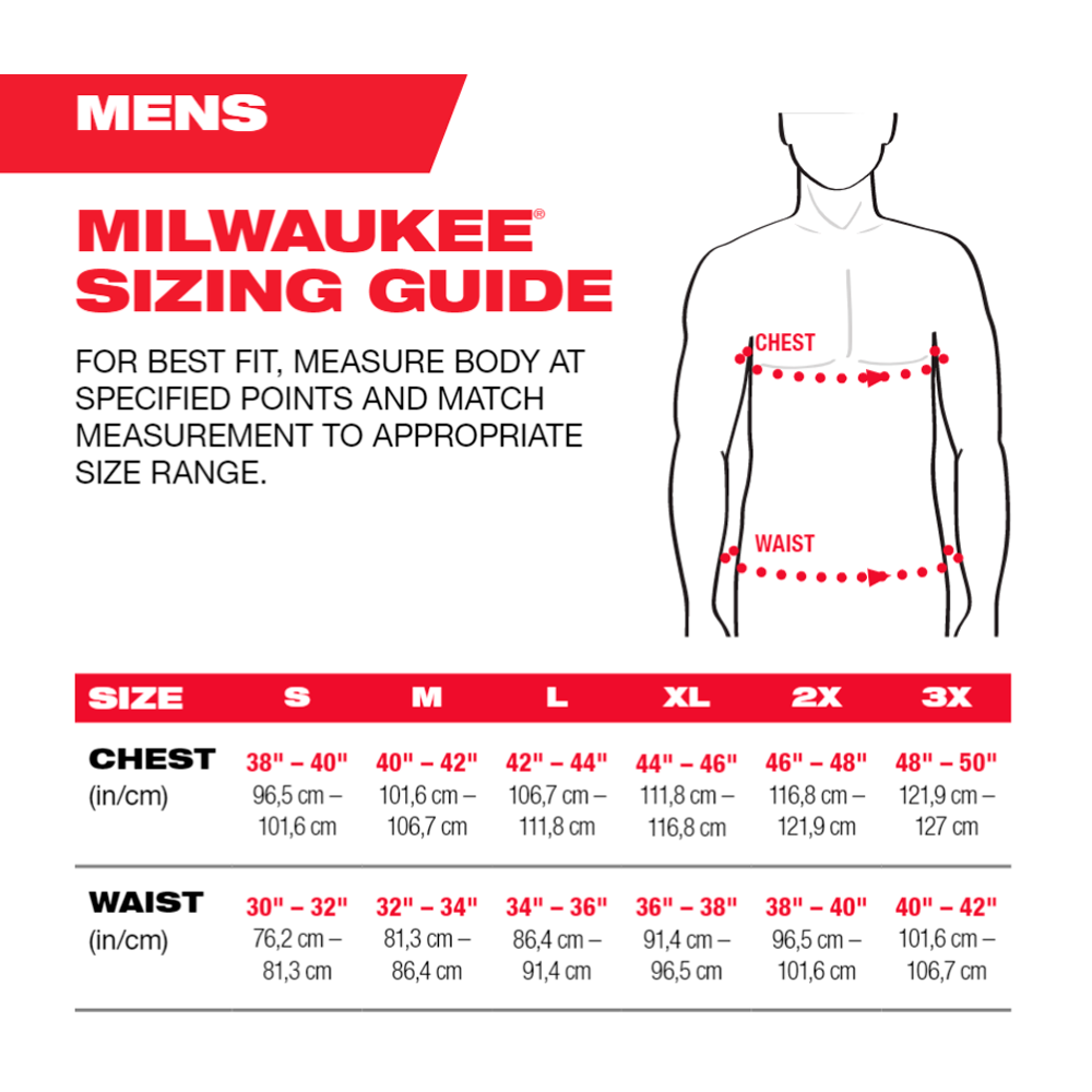Milwaukee M12 Red Heated TOUGHSHELL Jacket Kit Sizing Chart from GME Supply